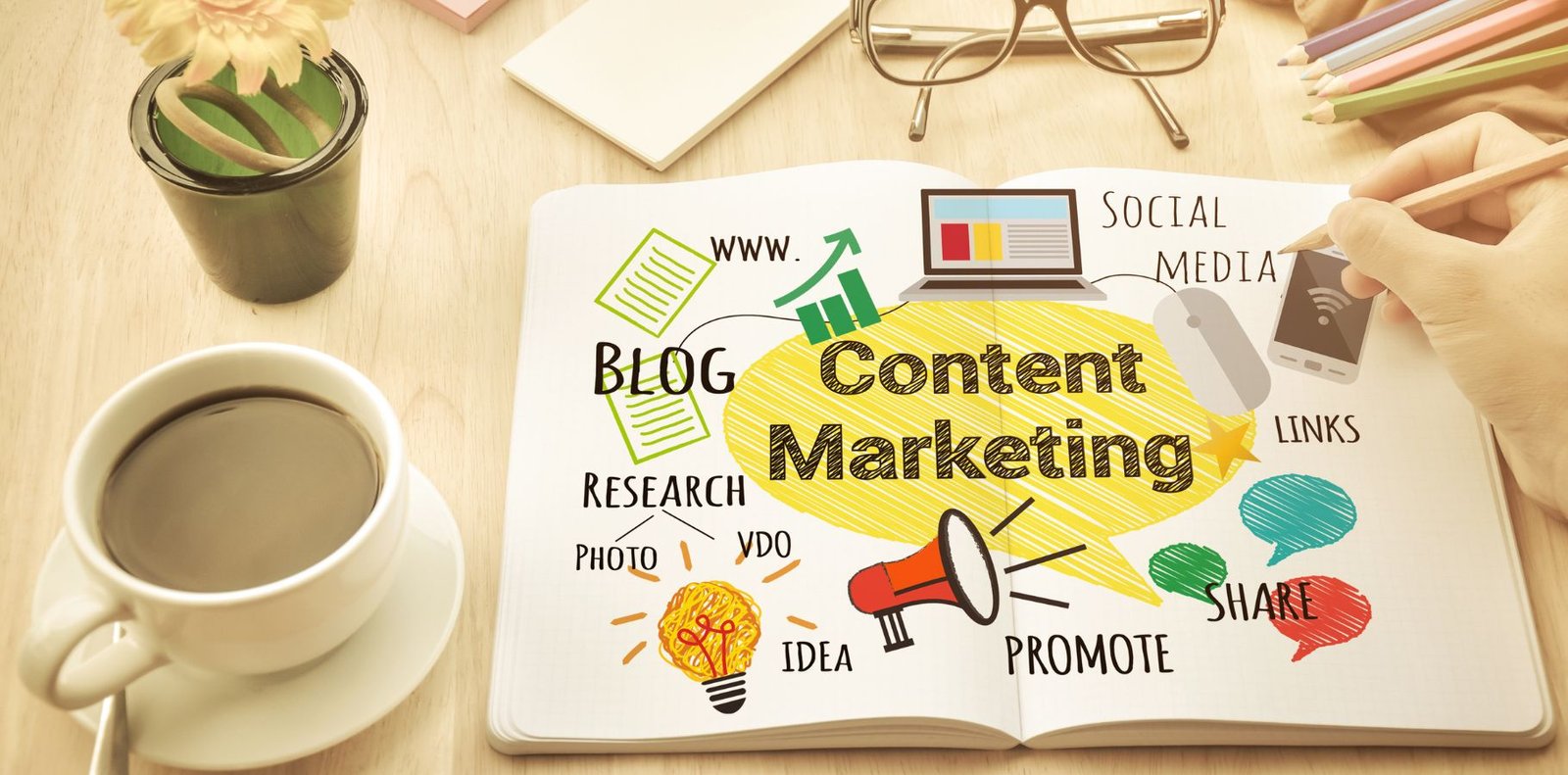 An artwork on which content marketing strategies are written