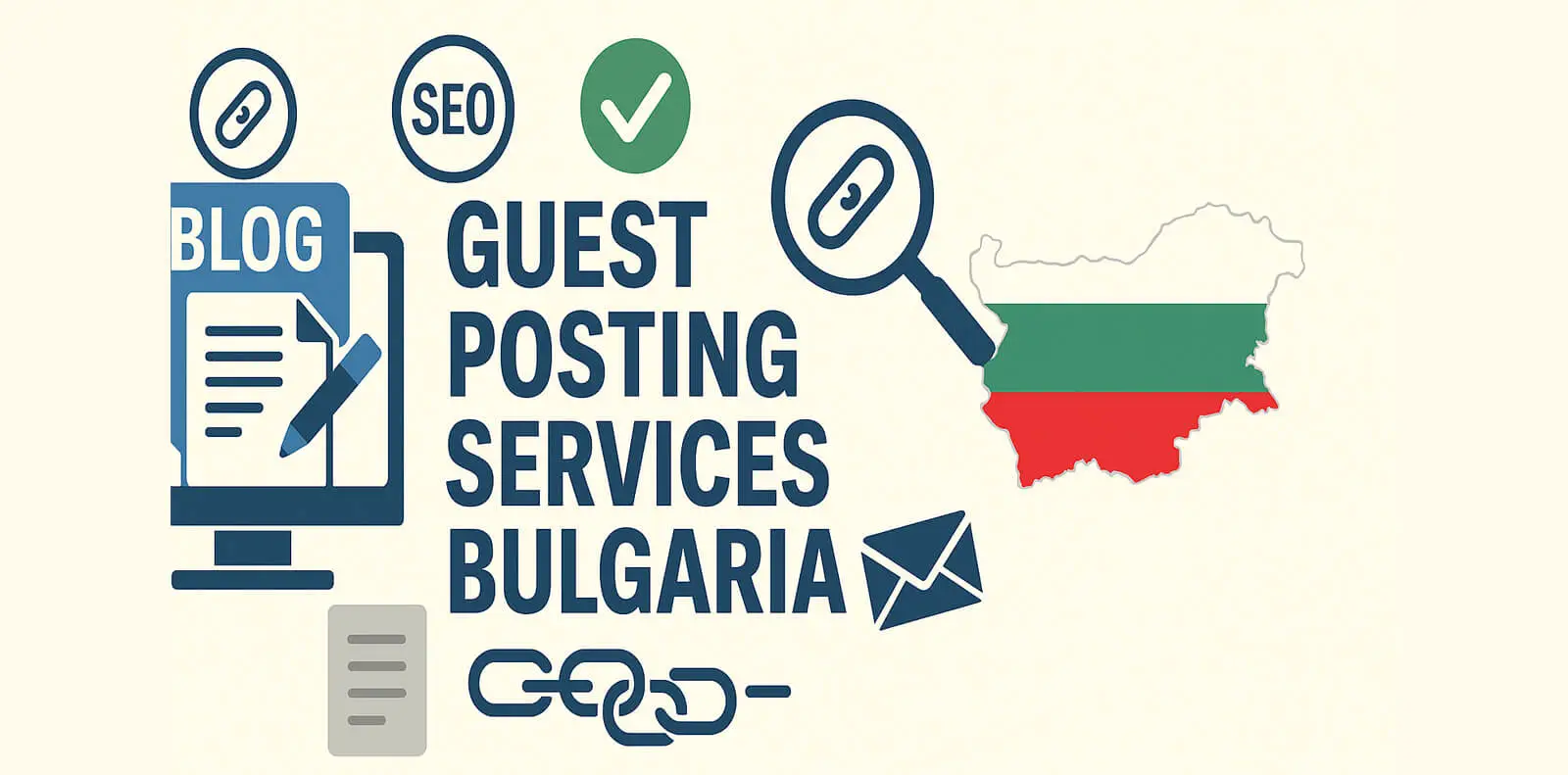 Flat-style digital illustration highlighting Guest Posting Services Bulgaria with SEO and link building elements