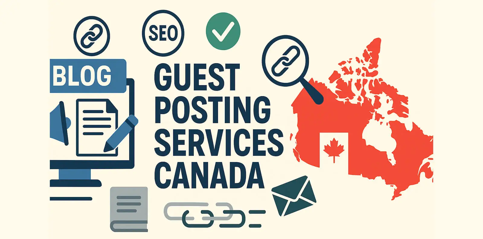Flat design illustration of Guest Posting Services Canada featuring link building, blogging, and Canadian map graphics