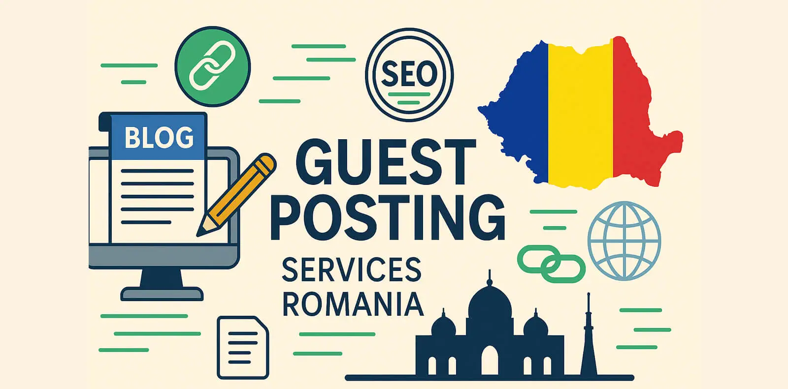 Flat-style illustration representing Guest Posting Services Romania with SEO, link building, and Romanian map elements