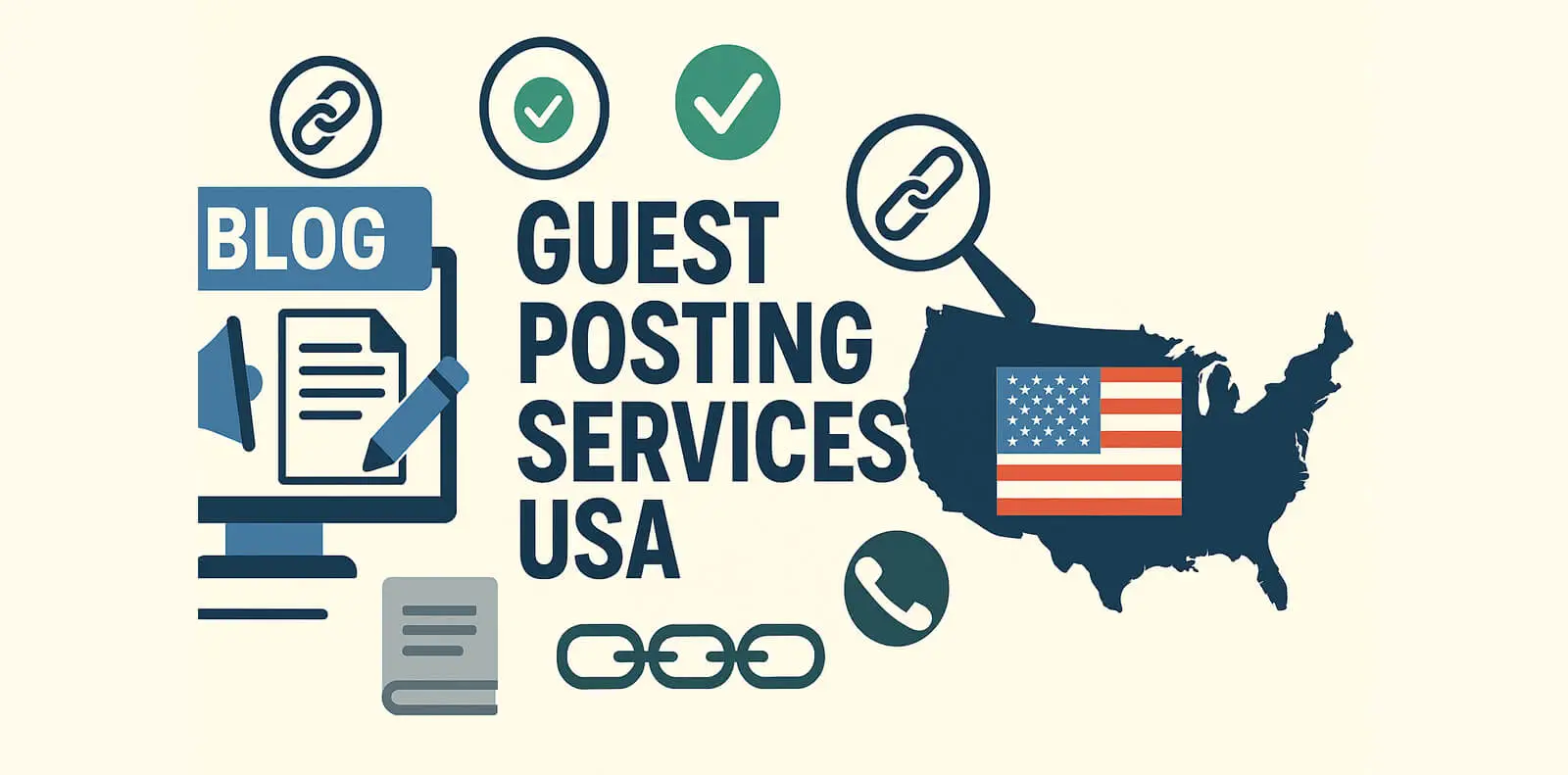 Flat illustration representing Guest Posting Services USA with link building and outreach visuals