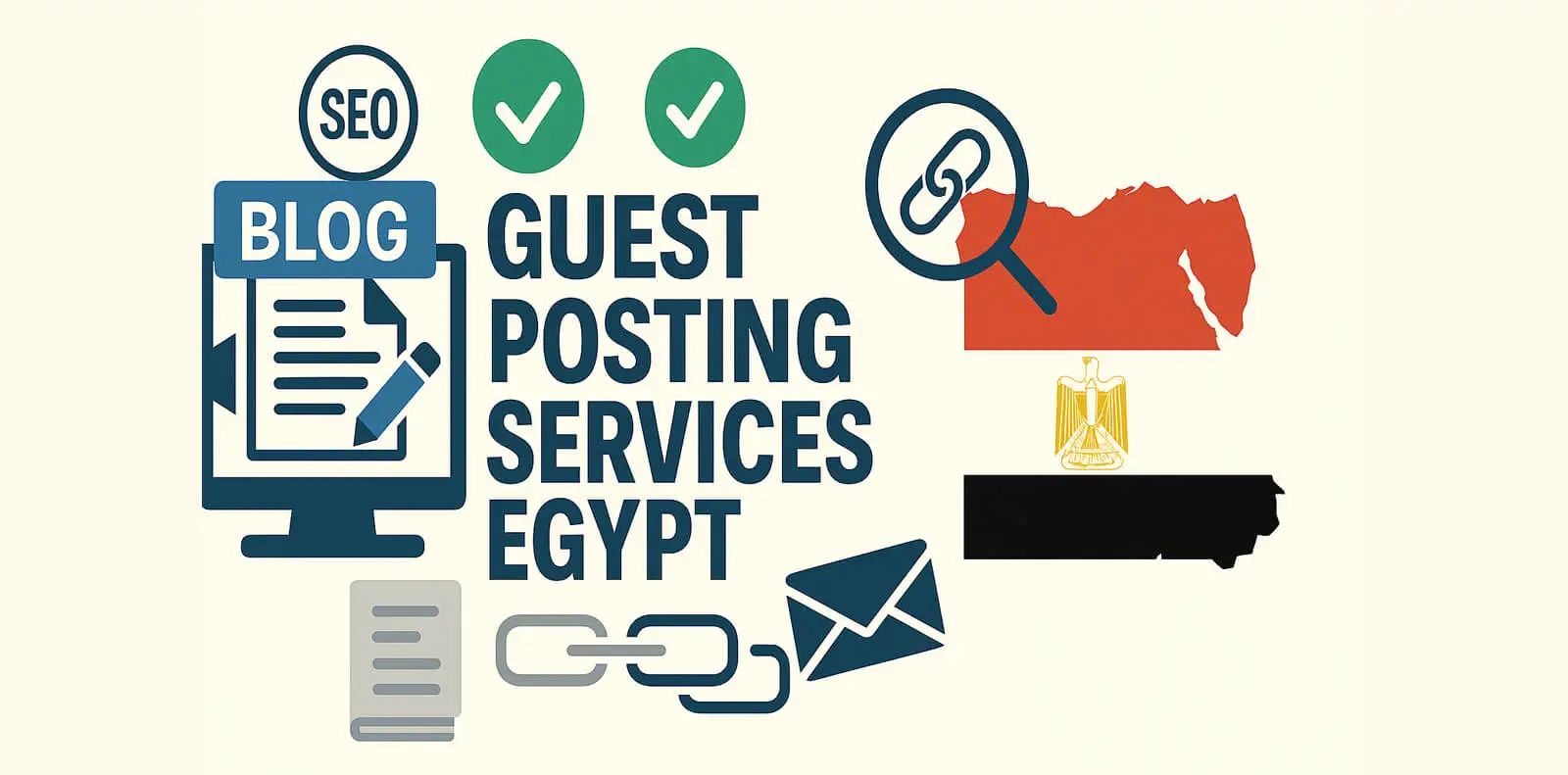 Guest Posting Services Egypt flat design with link building and SEO icons