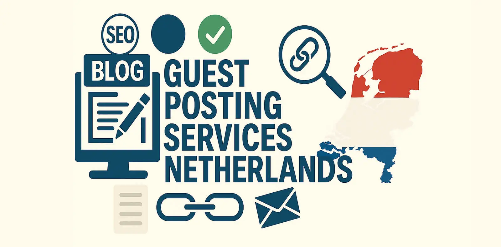 Illustration of Guest Posting Services Netherlands with SEO blog icons and map of Netherlands in national flag colors