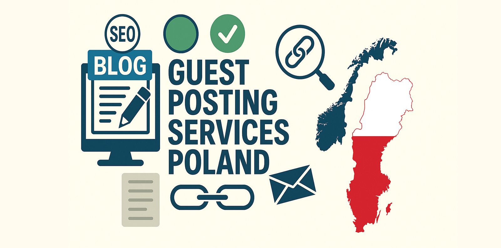 Flat style digital illustration promoting guest posting services Poland with SEO, blogging, link building, and Poland map elements