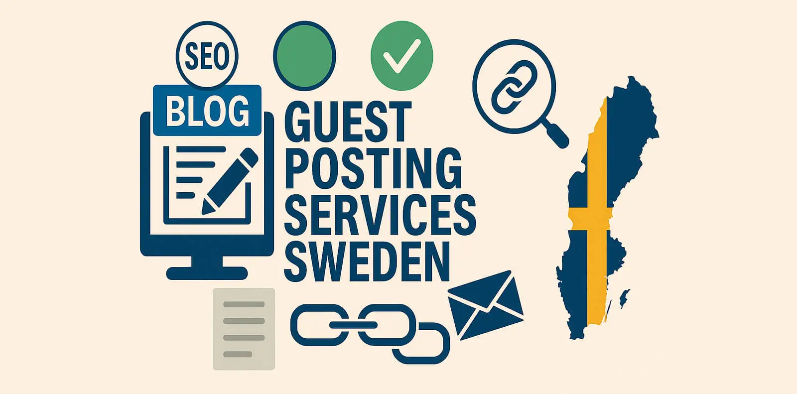 Flat design illustration promoting guest posting services Sweden with blog, SEO, link, and email icons next to the Swedish map