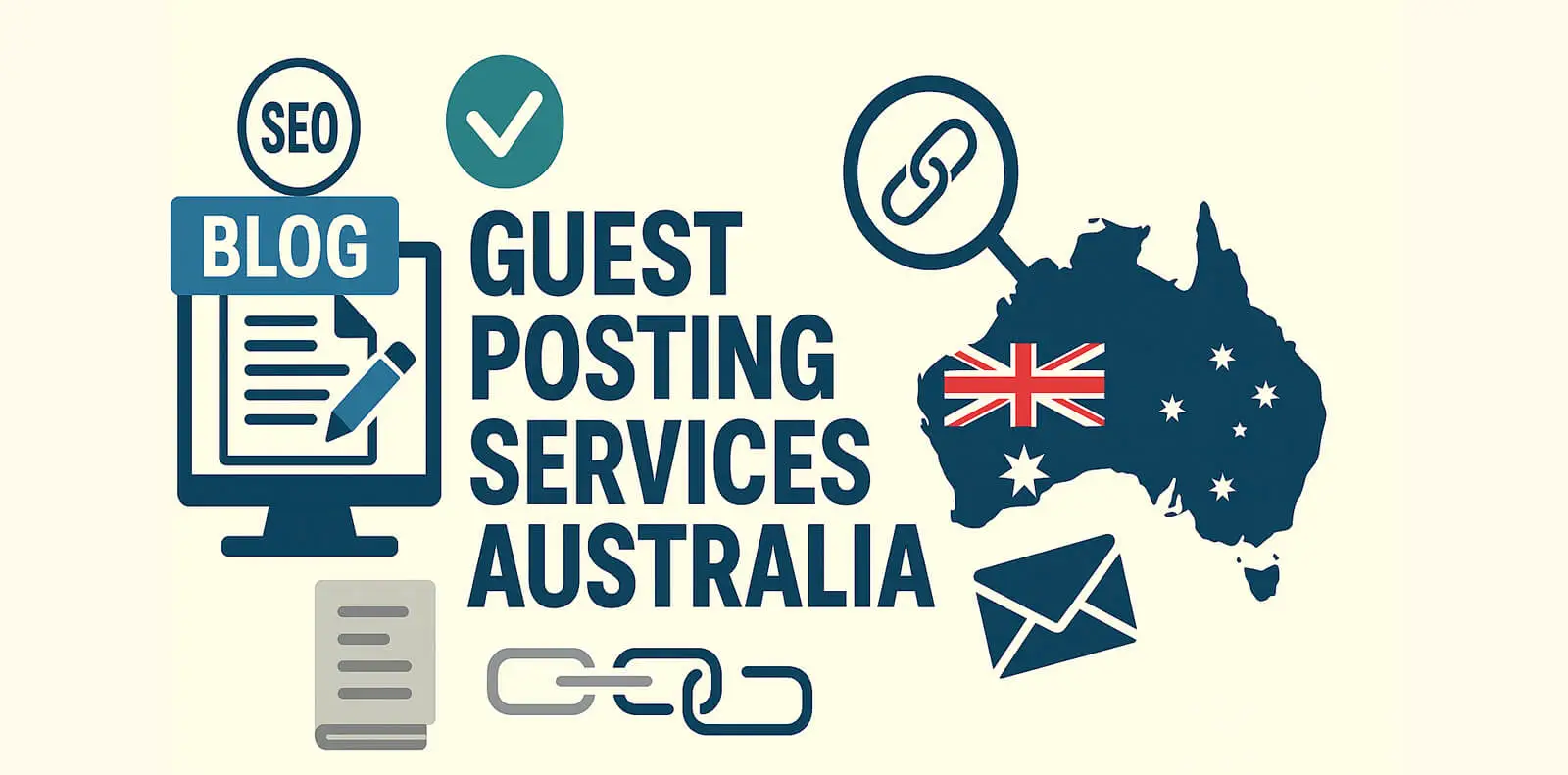 Guest Posting Services Australia illustration with blogging and SEO elements