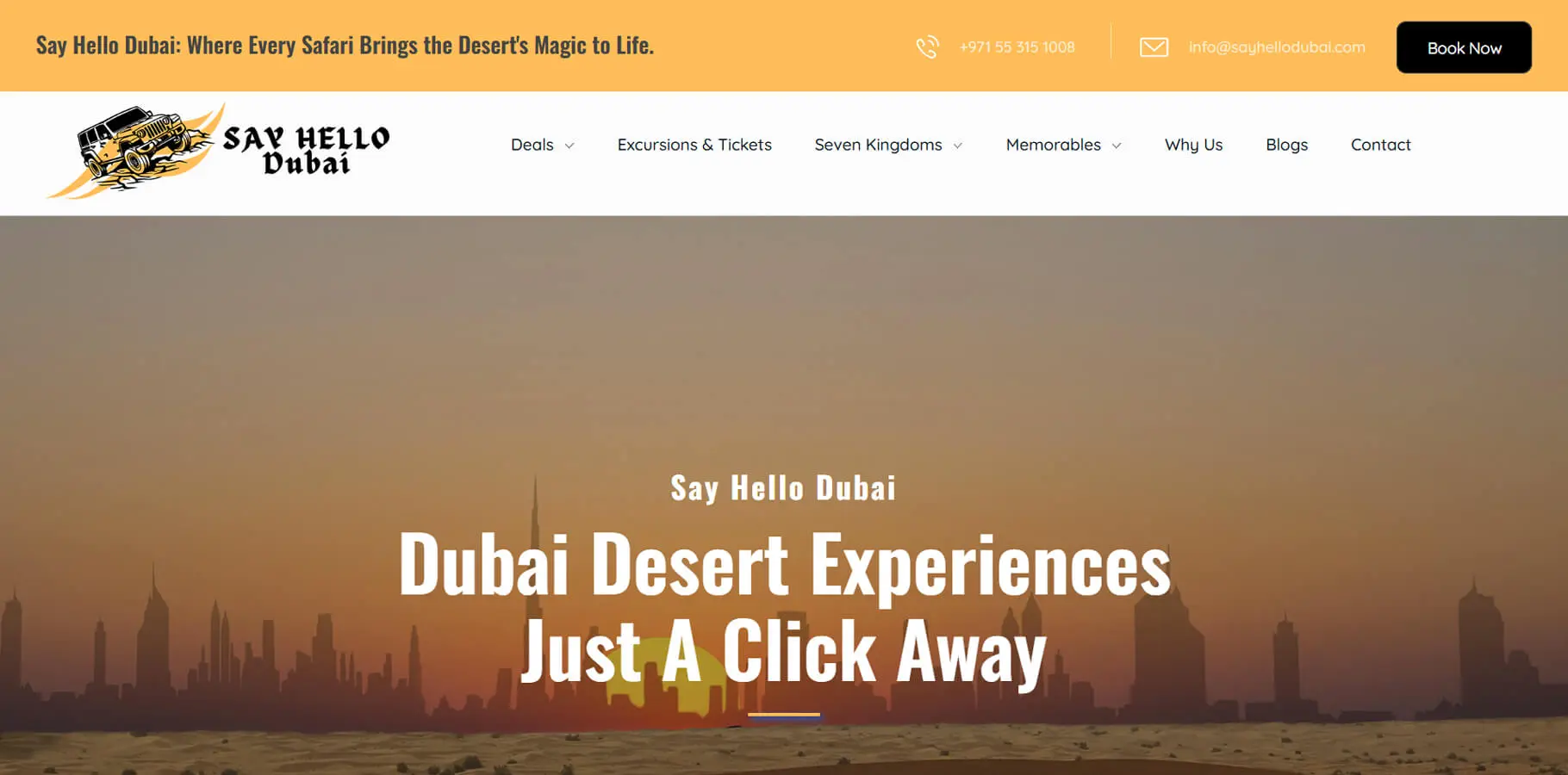 Dubai desert safari website banner with skyline silhouette and sunset