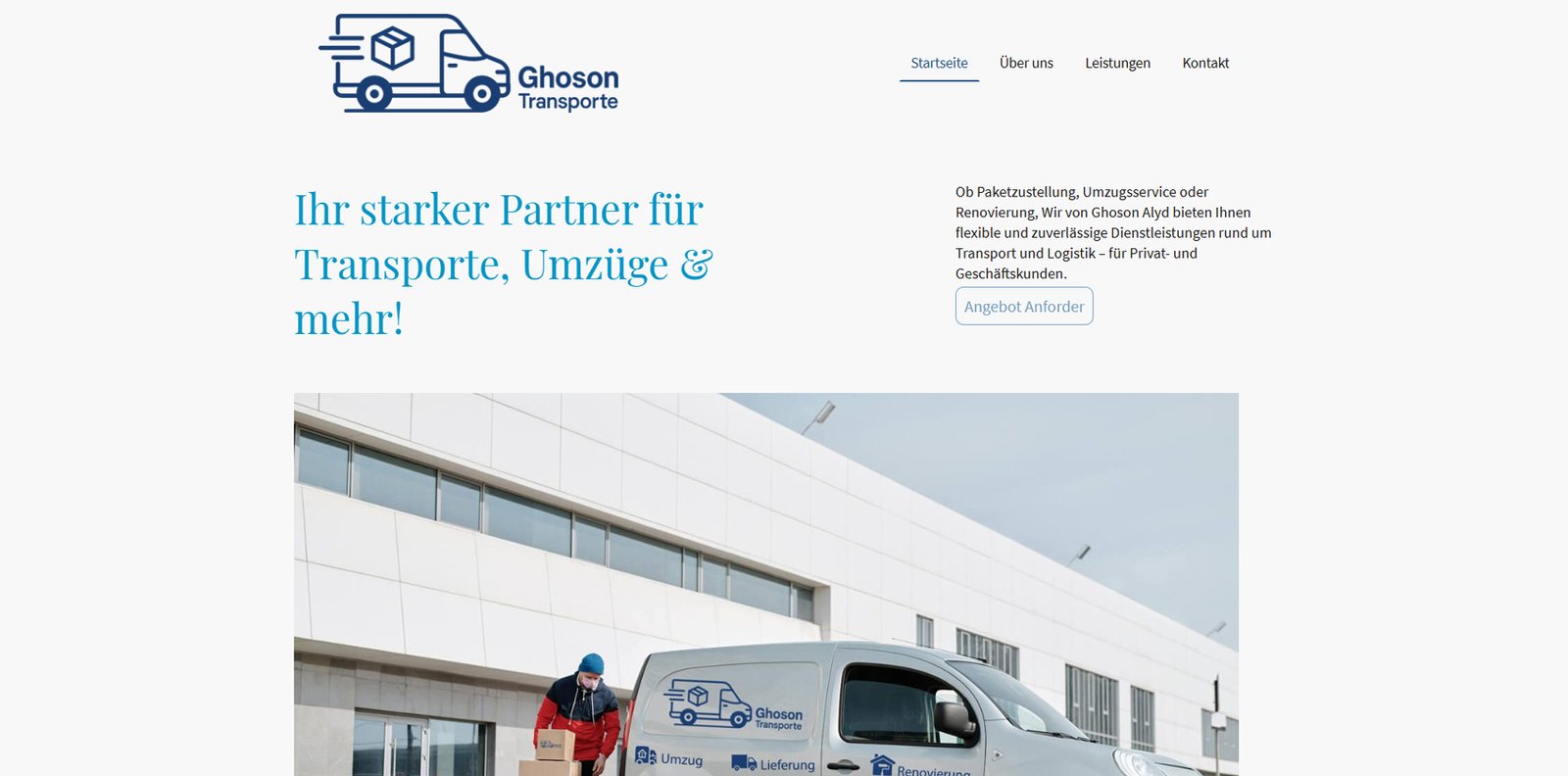 Ghoson Transporte delivery van in front of a modern building with an employee unloading moving boxes