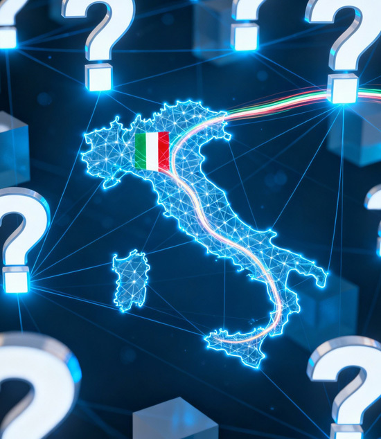 Mappa digitale dell'Italia con connessioni di rete luminose e punti di domanda, a rappresentare i servizi e la strategia di Link Building Italia.