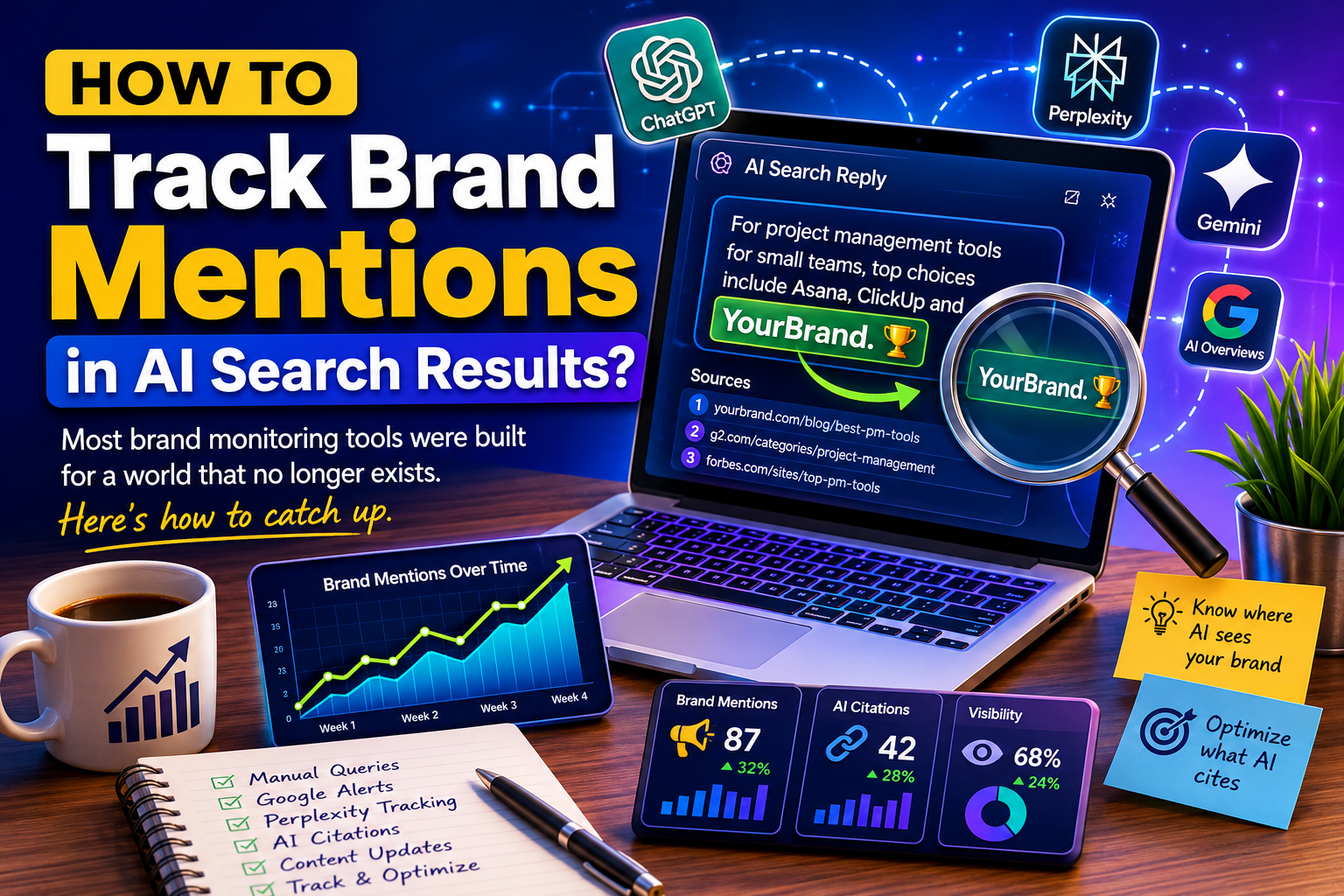 AI search brand tracking dashboard showing brand mentions, AI citations, and visibility monitoring across ChatGPT, Perplexity, Gemini, and AI search results
