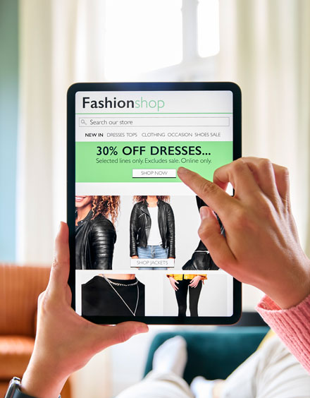 E-Commerce Development Services showing a mobile fashion store with product categories, discounts, and online shopping features