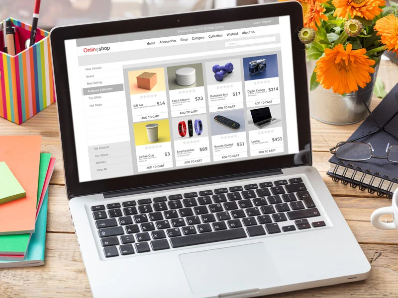 E-commerce development service showing an online store website with product listings and shopping cart features