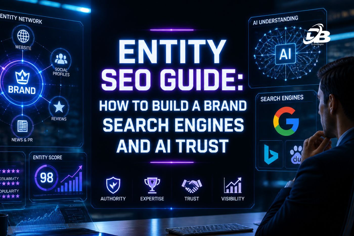 Entity SEO guide showing brand signals, AI understanding, search engines, authority, trust, and visibility