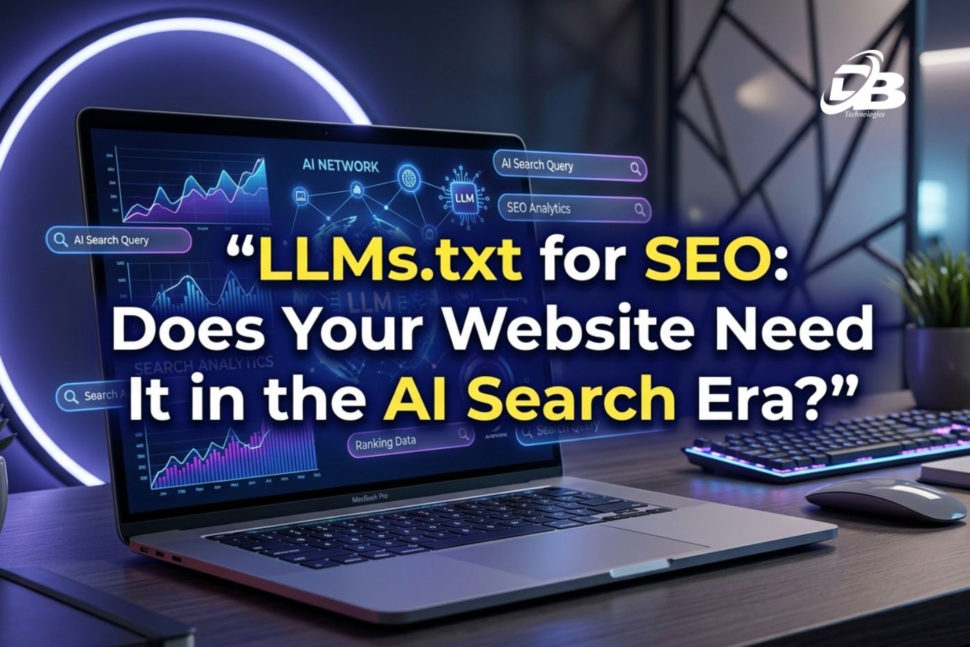LLMs.txt for SEO concept image showing AI search analytics, LLM network graphics, and website SEO data on a laptop screen.