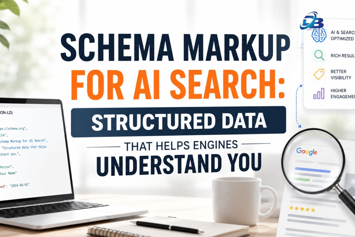 Schema markup for AI search showing JSON-LD structured data code on a laptop with Google search results and rich result indicators