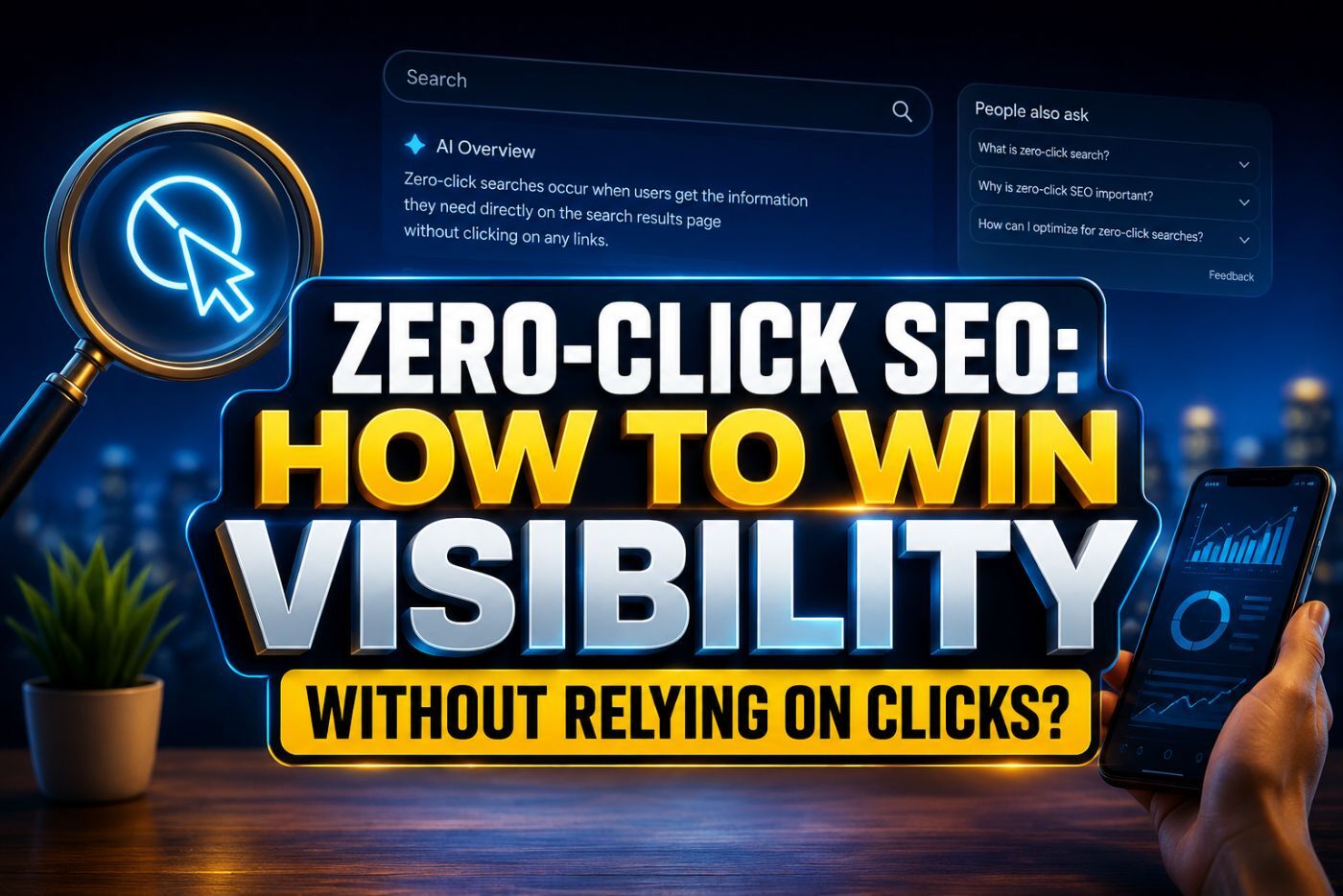 Zero-click SEO illustration showing AI Overviews, featured snippets, and search visibility strategies without relying on website clicks
