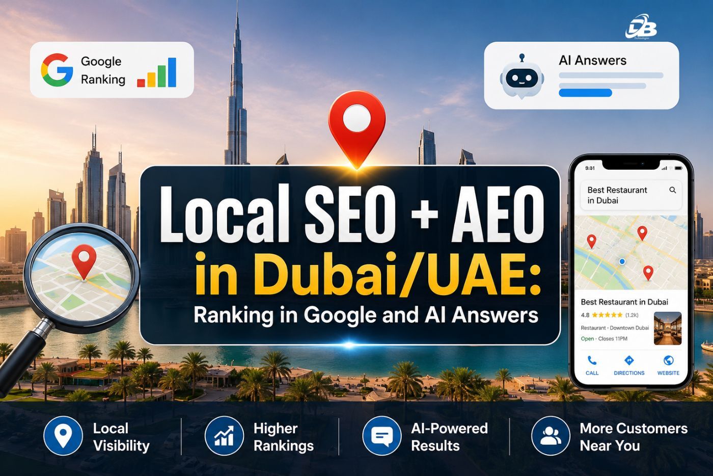 Dubai local SEO illustration showing Google Maps rankings, AI answers, and local search optimization for businesses in Dubai, UAE.