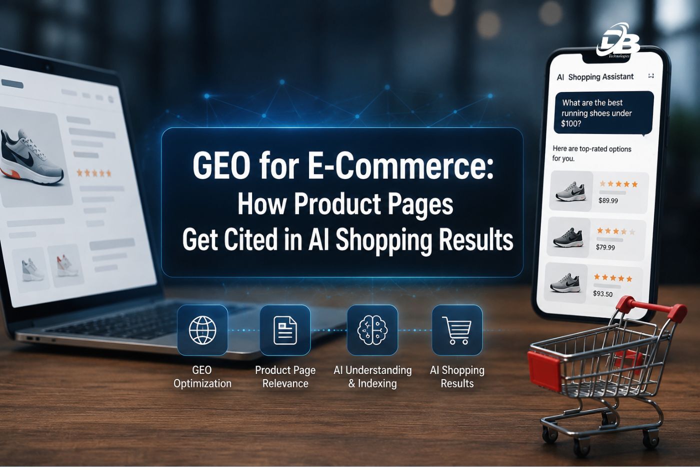 Illustration of GEO for ecommerce showing AI shopping assistant citing product pages in AI shopping results through optimized product information.