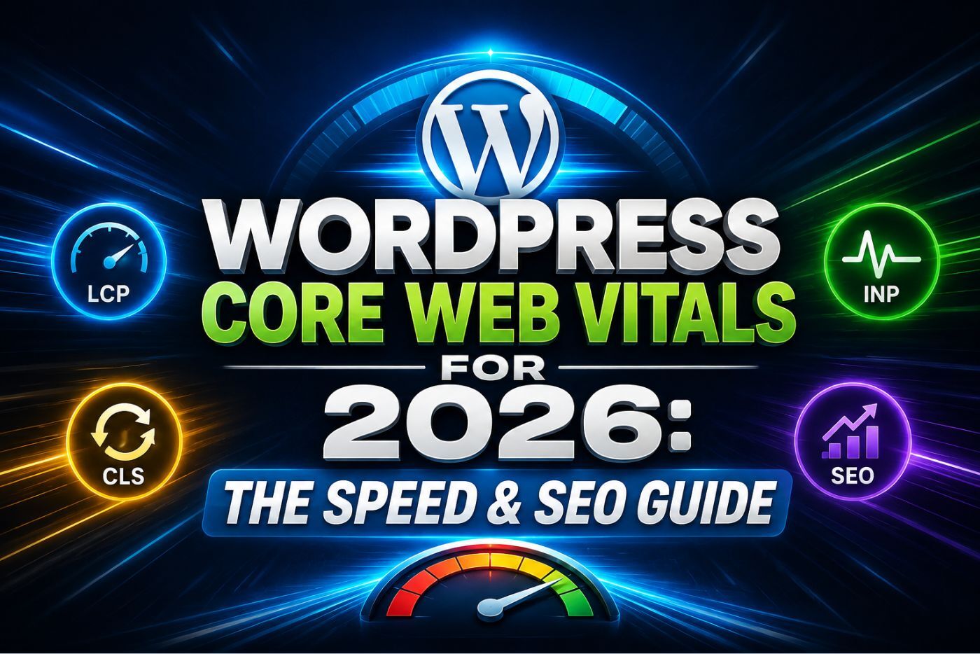 WordPress Core Web Vitals guide showing LCP, INP, CLS, page speed, and SEO optimization for WordPress websites in 2026