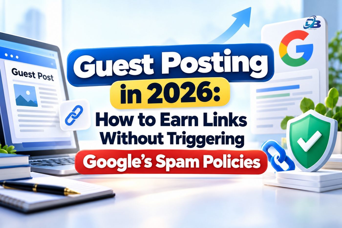 Guest posting for SEO in 2026 graphic with a laptop showing a guest post, link icons, the Google logo and a green security shield